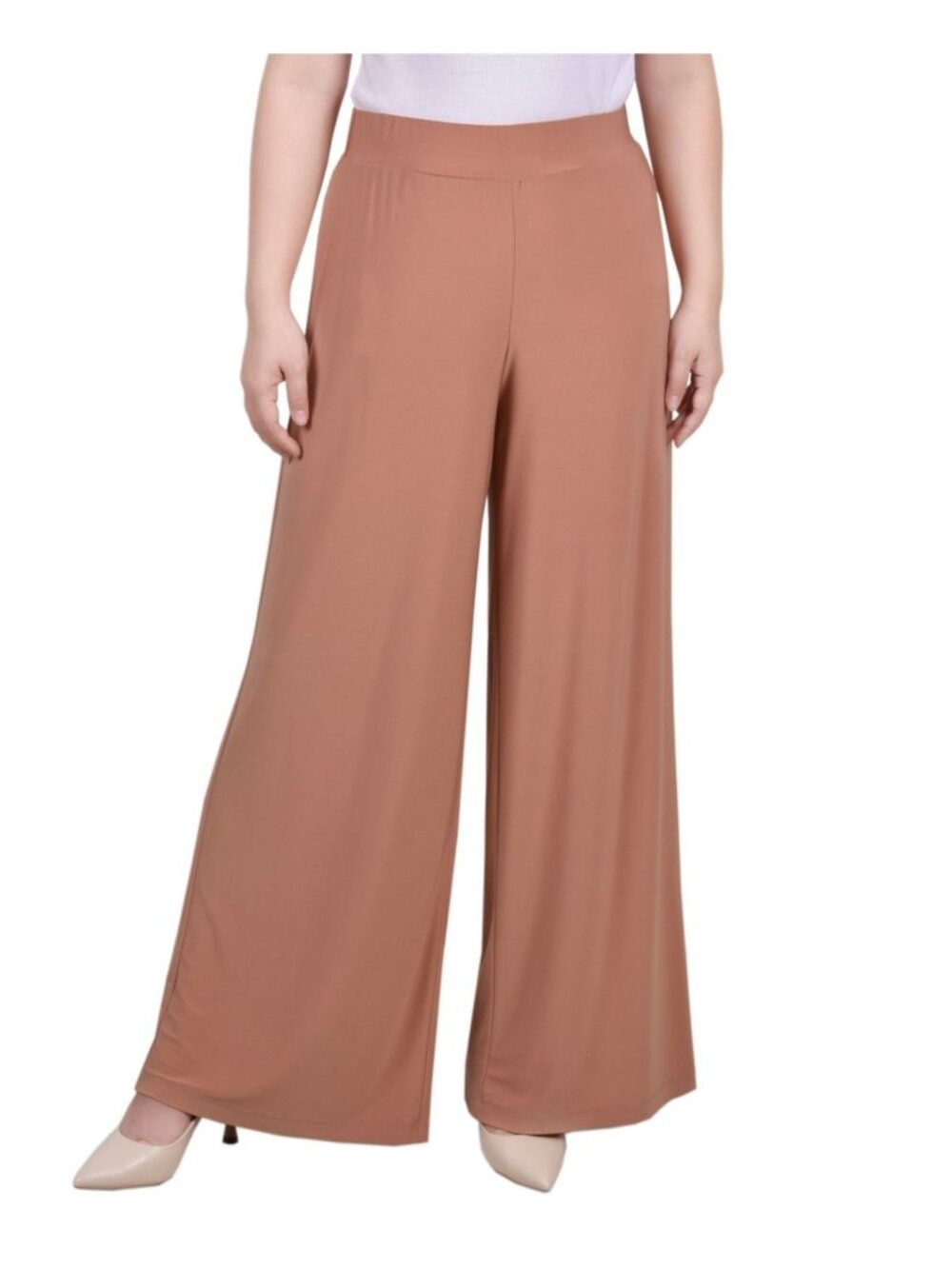 NY Collection Petite Mid Rise Pull On Wide-Leg Palazzo Pant Camel Brown Size PXL